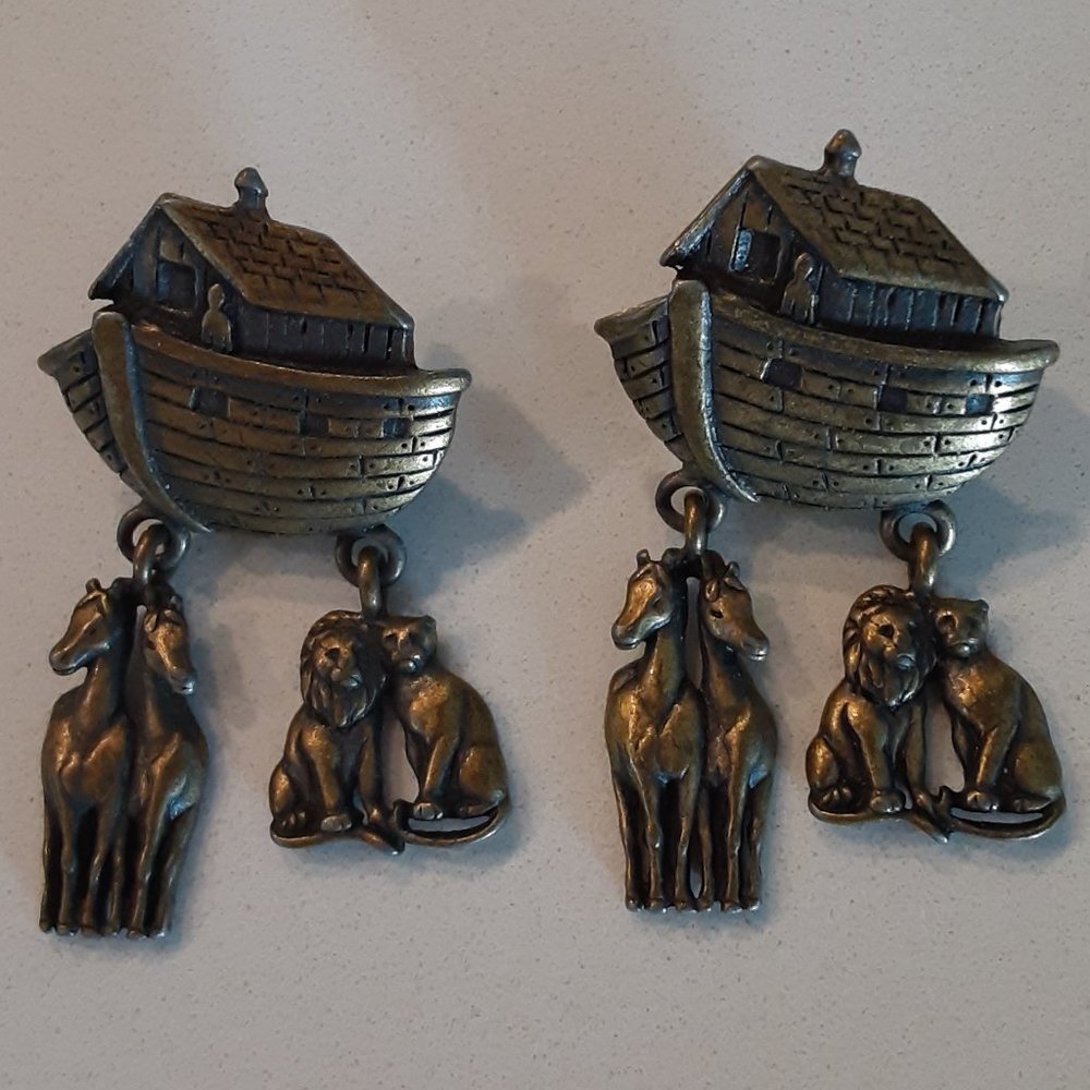 JJ Jonette antique bronze figural Noah’s ark pierced earrings